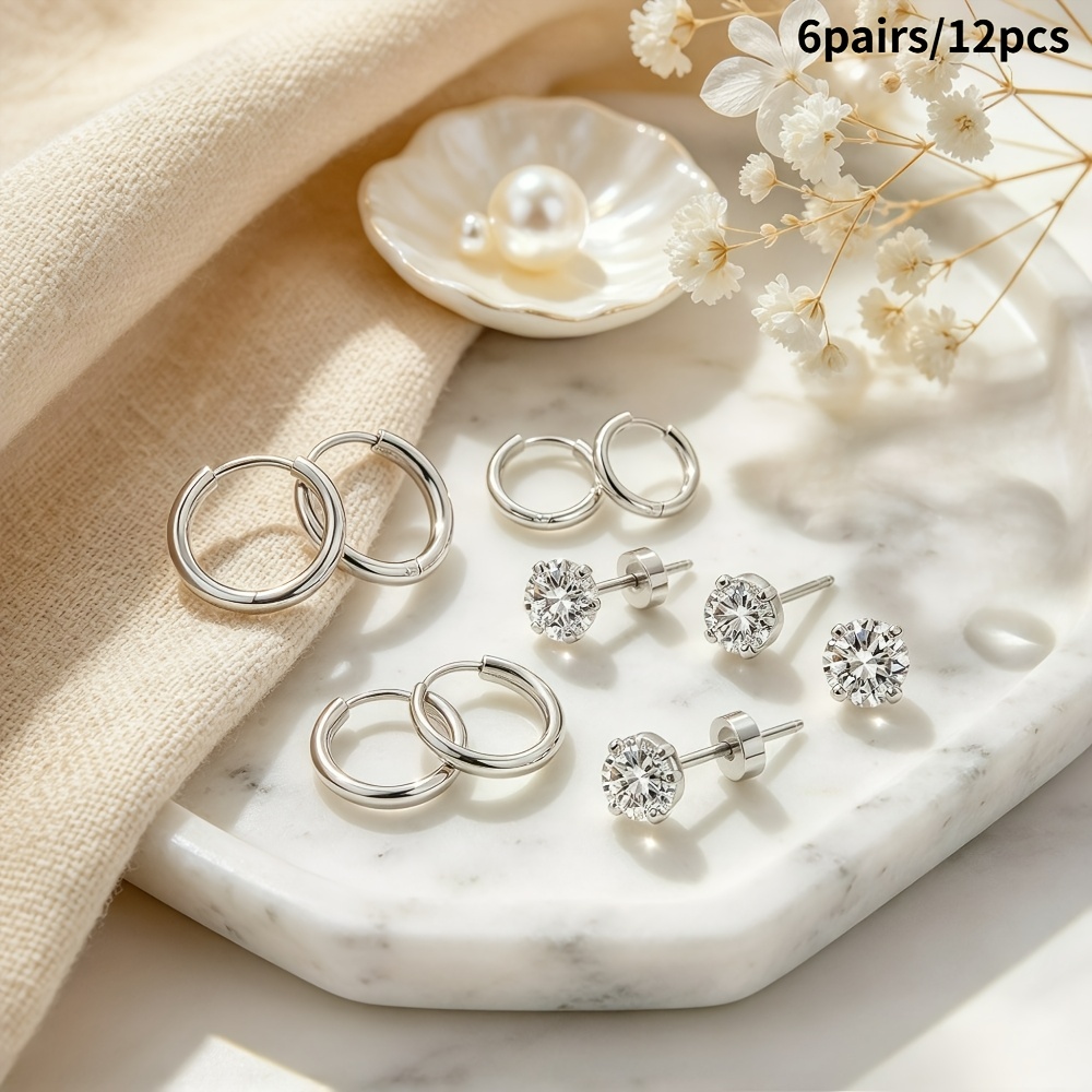 6pc Women's Earring Set with Studs & Hoops, Gold Plated